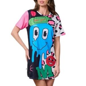 3/$20 Women’s Colorful Graphic Short Sleeve Mini Dress / Tunic Shirt MEDIUM NWT